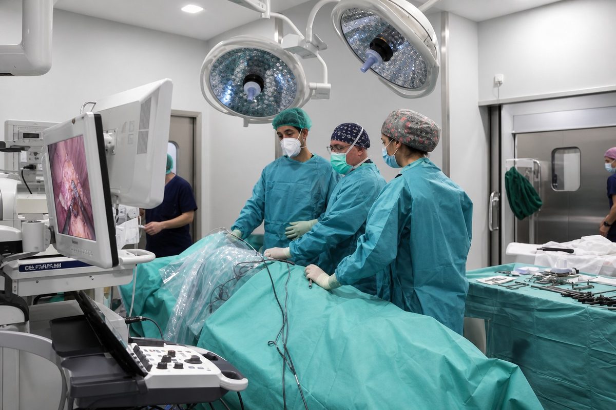 Cirujanos en el quirófano durante una cirugía conservadora de riñón por laparoscopia